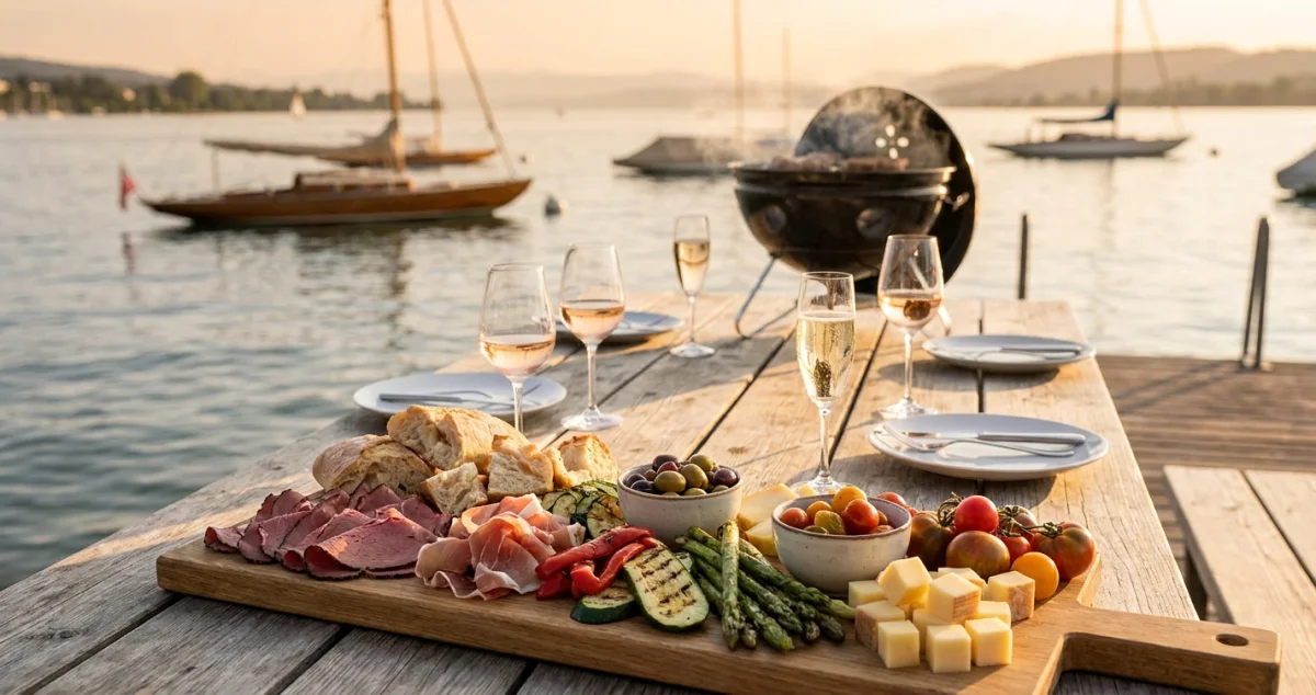 Apéro Riche on Lake Zurich — pastrami, ciabatta, grilled vegetables, wine, lakeside grill