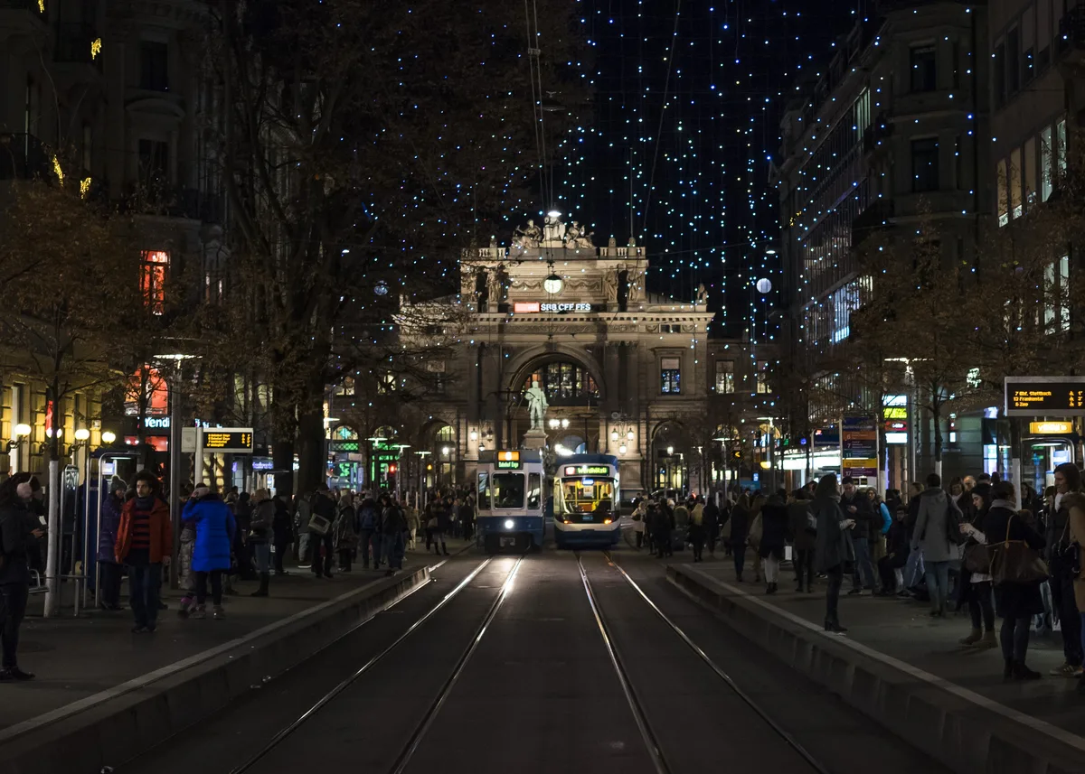 Bahnhofstrasse during Advent with its canopy of lights, looking towards Zurich Main Station