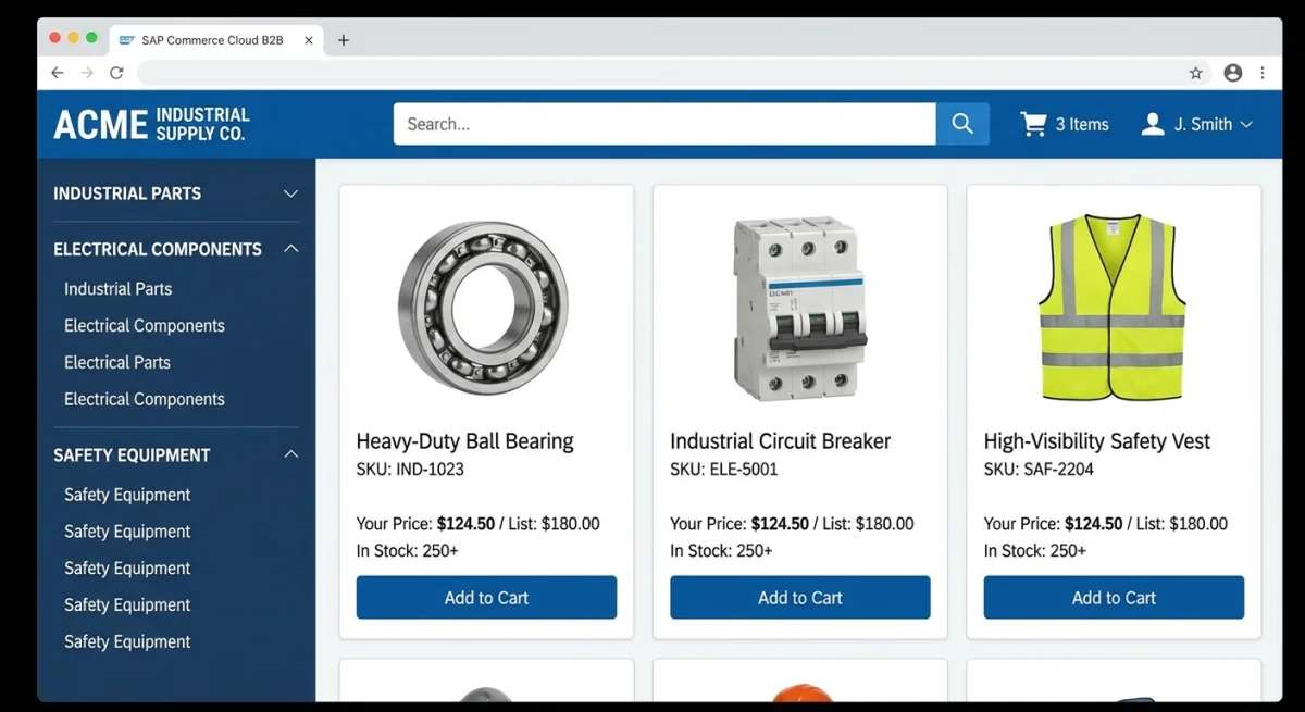 SAP Commerce Cloud B2B storefront — product grid with customer-specific pricing, stock availability, and category navigation