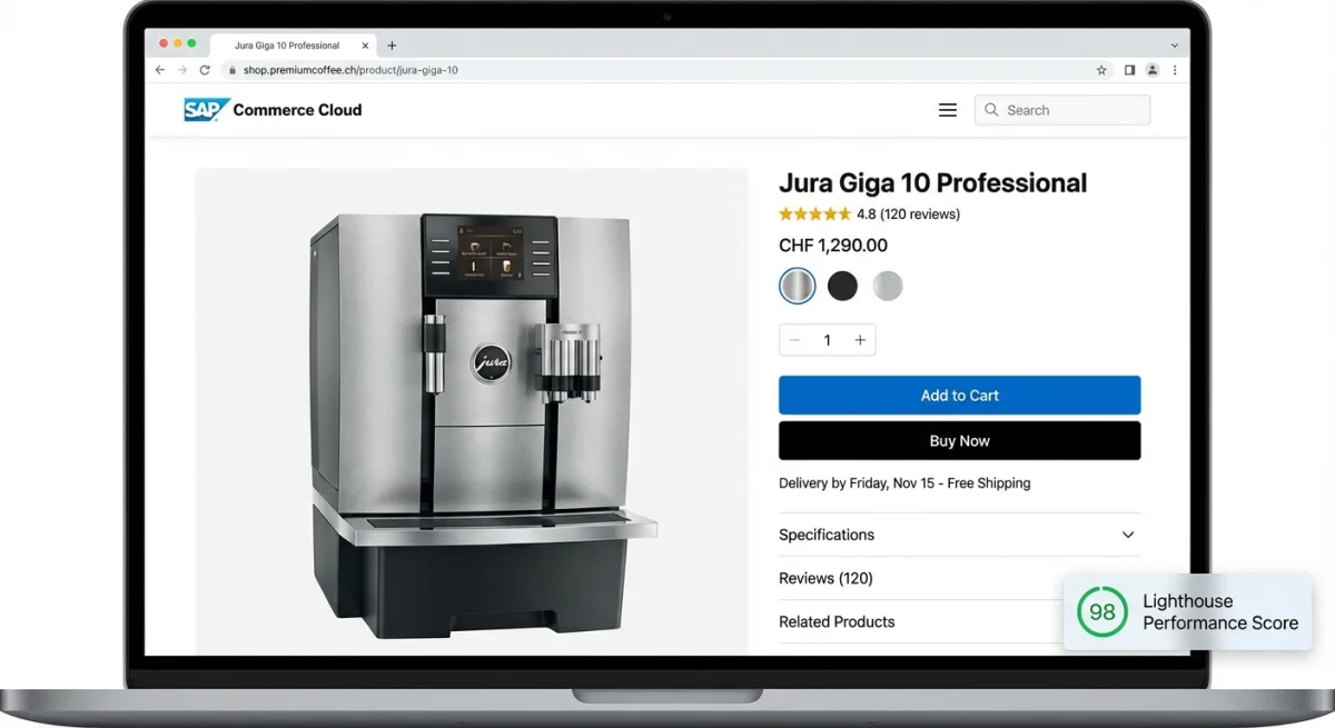 SAP Commerce Cloud Composable Storefront — headless React PWA product detail page with Lighthouse performance score