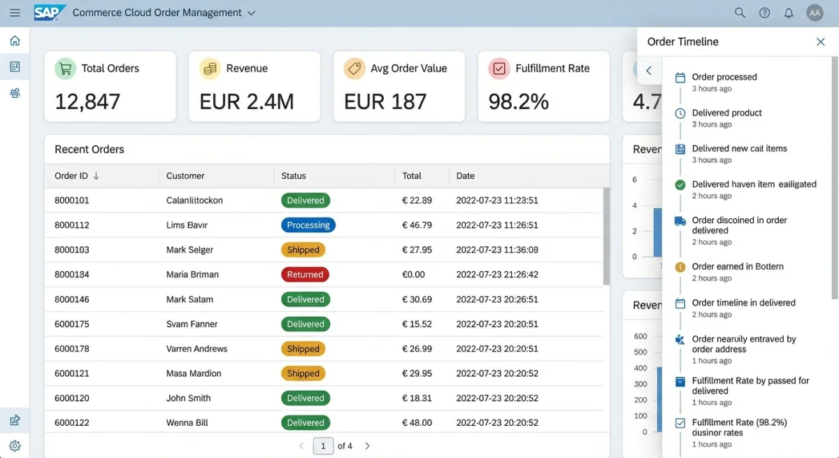 SAP Commerce Cloud order management dashboard — order status, revenue, fulfilment rate, and order timeline