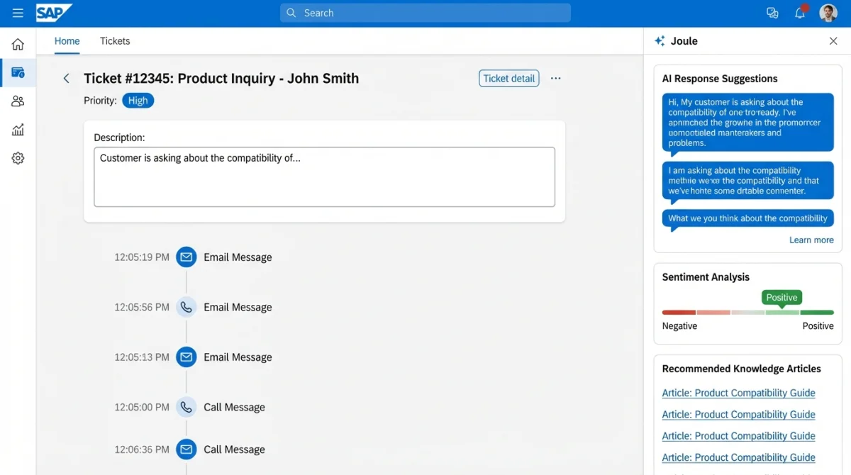 SAP Service Cloud V2 Joule AI panel — response suggestions, sentiment analysis, and knowledge article recommendations