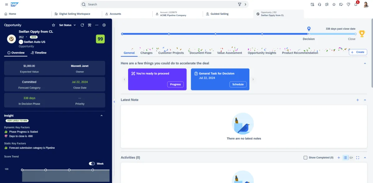 SAP Sales Cloud V2 Opportunity View — detailed deal record with activities, contacts, and sales stage