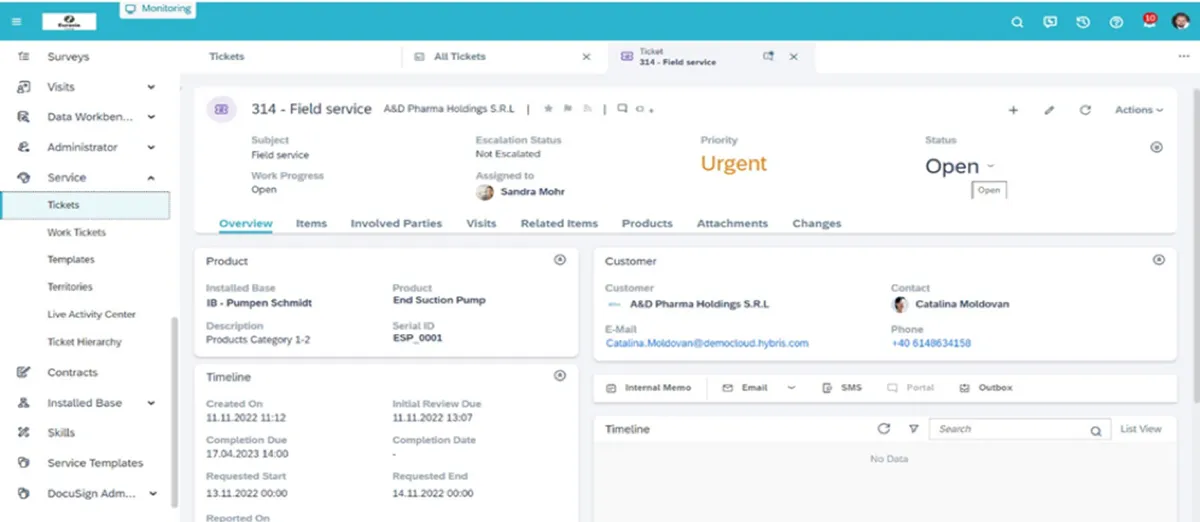 SAP Service Cloud V2 ticket view — case details with product, customer, timeline, and omnichannel communication